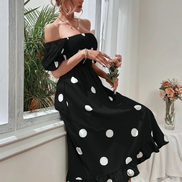 . Dresses & Skirts - Black Boho Womens Polka Dot Print Puff Sleeve Shirred Ruffle Hem Dress